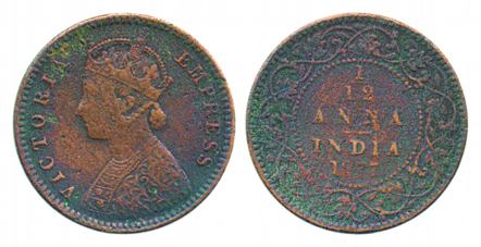 Victoria Empress, Copper 1/12 Anna, 1877. Fine+.