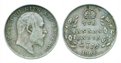 Edward VII, Silver 2 Annas, 1909. Very fine, rare.