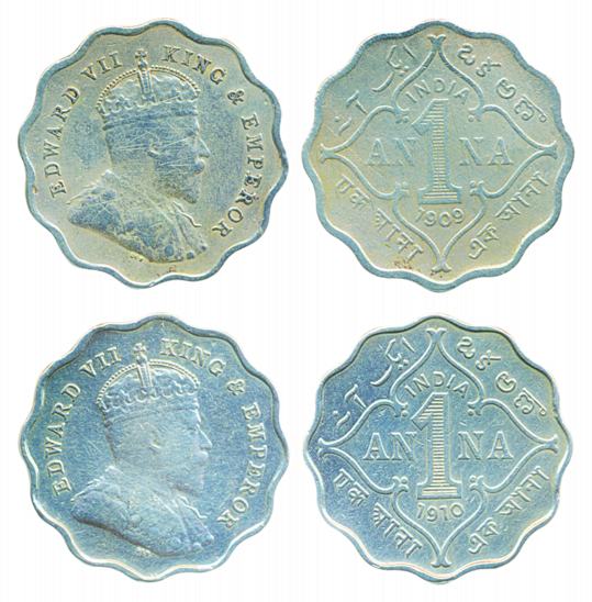 Edward VII, Copro-Nickel 1 Anna, 1909 and 1910, Scalloped shape. Very fine. 2 coins.