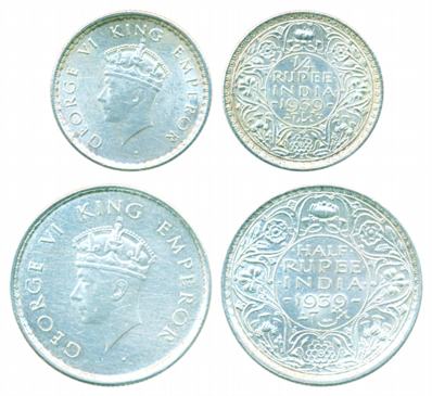 George VI, Silver (2) ½ Rupee and ¼ Rupee, 1939. Very fine+. 2 coins.