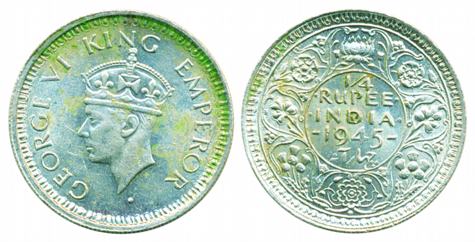 George VI, Silver ¼ Rupee, 1945, large 5. Very fine, scarce.