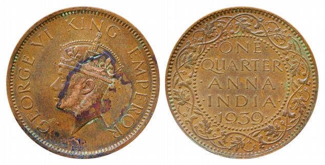 George VI, Copper ¼ Anna, 1939, Calcutta Mint2nd head. Very fine, scarce.