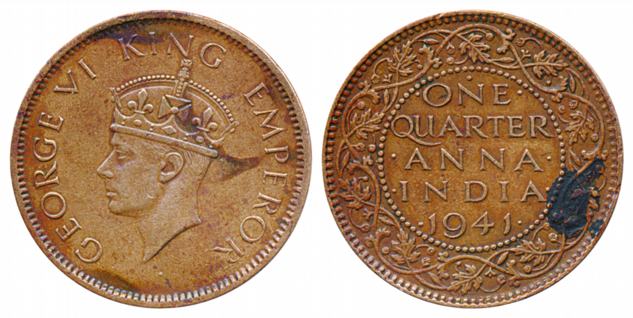 George VI, Copper ¼ Anna, 1941, Bombay Mint. Fine+, scarce.