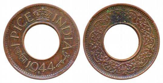 1 Pice Copper, Error, 1944, Lahore Mint, ‘I’ instead of ‘L’. Very fine, rare.