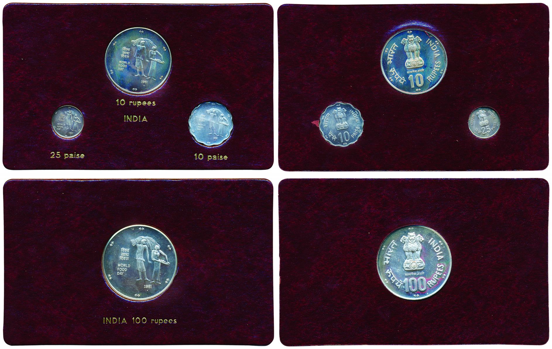 1981, Proof set of ‘Word Food Day’, set of 4 coins, Rupee 100, 10, 25 Paise and 10 Paise, 