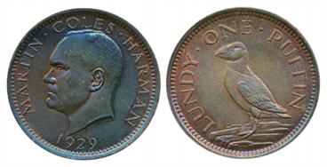 Lundy, Copper 1 Puffin, 1929, Obv: Bust facing left, Rev: Bird facing legt. About uncircul