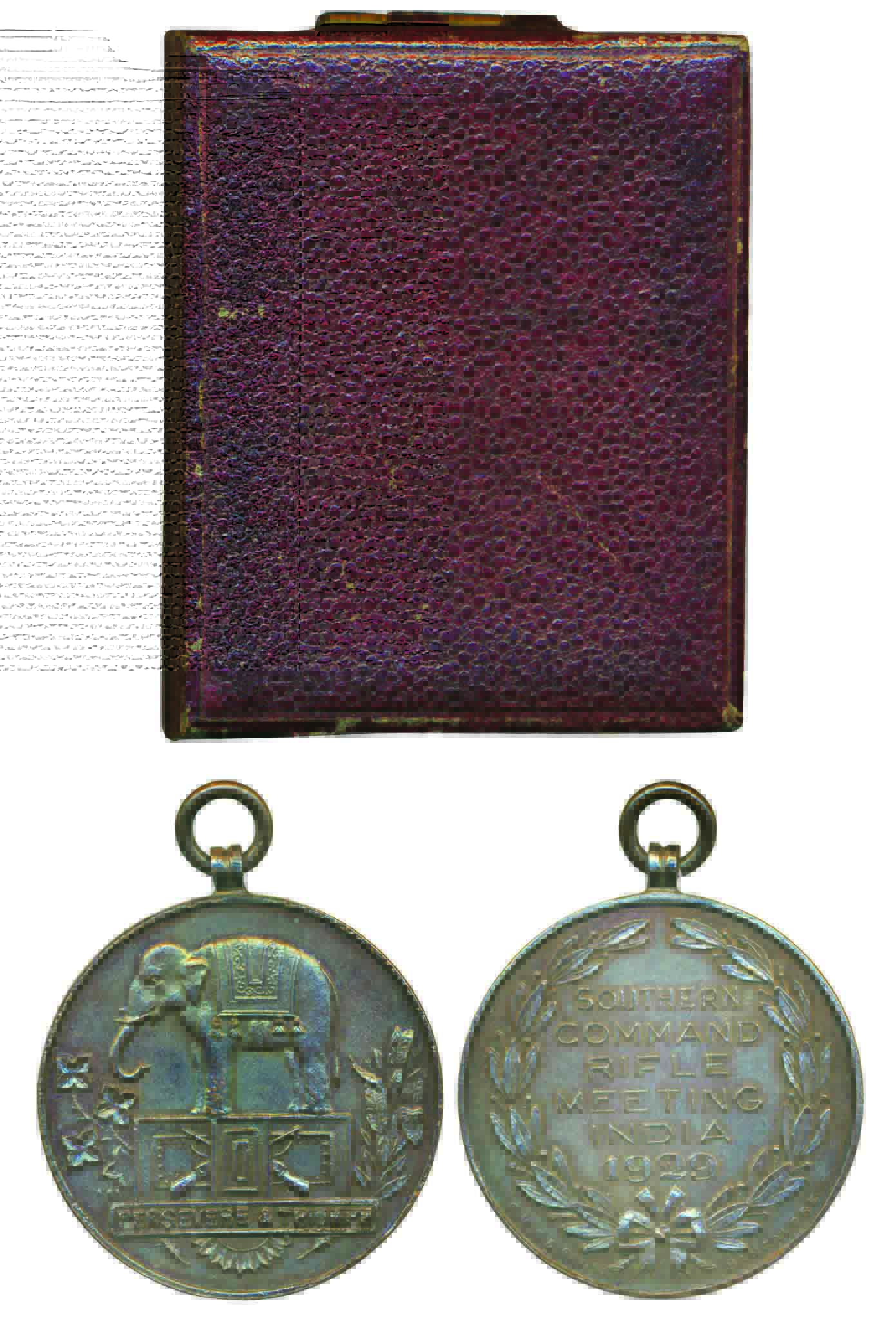 Southern Command Rifle Meeting, copper Medal, 1929, Obv: an elephant facing left on a stan