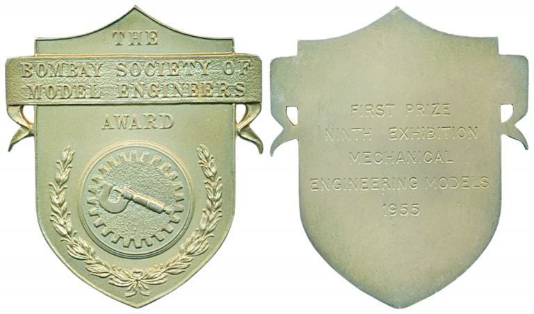 Bombay Society of Model Engineers Medal, Silver, 122.30g, the medal in the form of a shiel