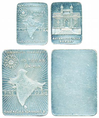 Silver Bar, 10 Tolas and 5 Tolas, 116.66g and 58.32g of Manilal Chimanlal & Co., 999.5 and