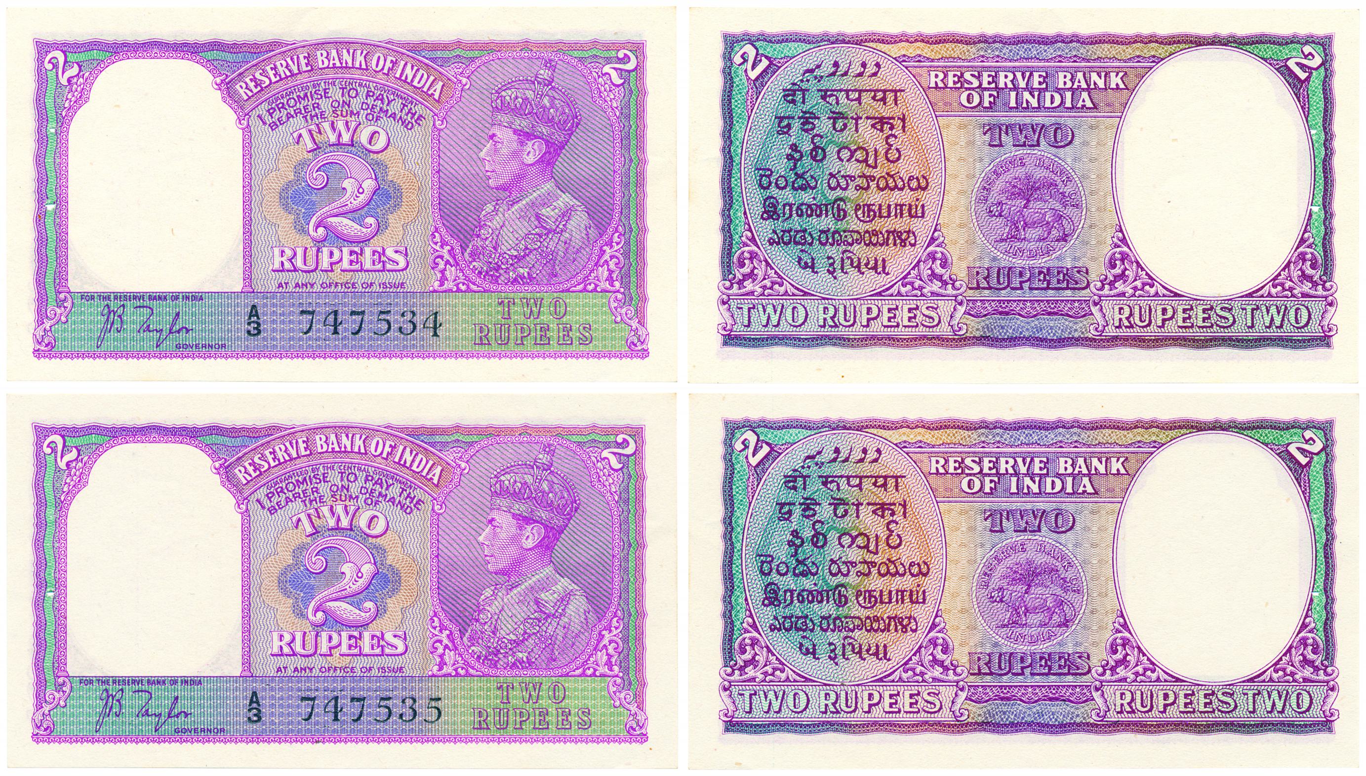 George VI, 2 Rupee (2), consecutive notes, Type 2, signed J. B. Taylor, prefix A/3 (Jhun# 