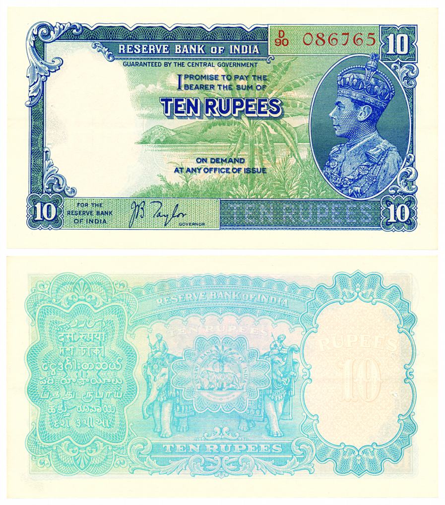 George VI, 10 Rupee, Type 5, signed J B Taylor, prefix D/90 (Jhun# 5.1). Usual pin hole, l