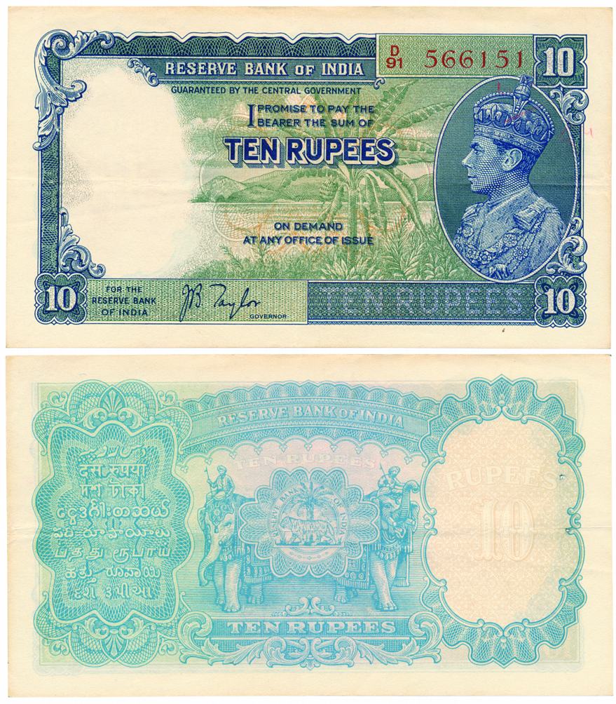 George VI, Rupees 10, Type 5, signed J. B. Taylor, Prefix D/91 (Jhun# 5.1). Light fold, us