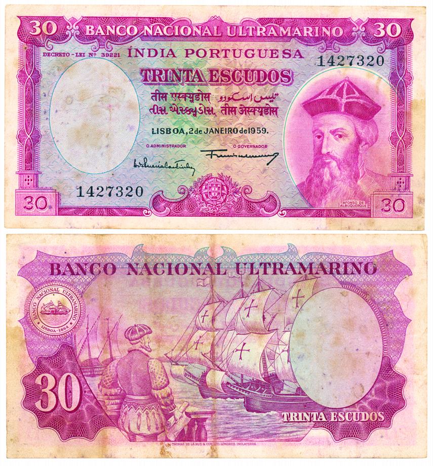 Indo-Portuguese, 30 Escudos, Type 35, Signature G-4/A-12, (Jhun# 35.3). Folded, dirt on ob