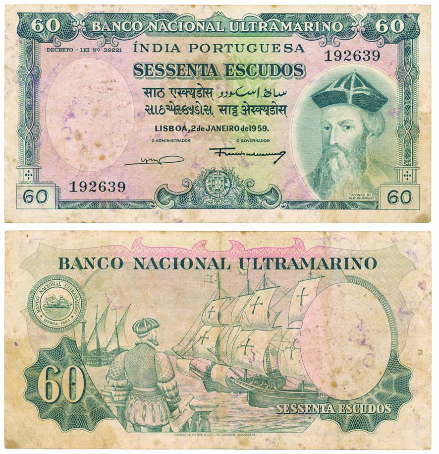 Indo-Portuguese, 60 Escudos, Type 36, Signature G-4/A-11, (Jhun# 36.2). Folded, dirt on ob
