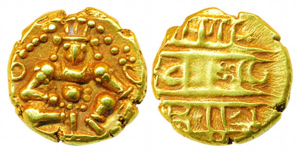 Naykas of Chitradurga, Gold Durgi Varaha, 3.36g, Obv: seated Krishna, Rev: Nagari legend i