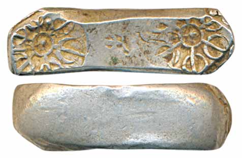 Punch Mark coin, Gandhara Janapada, Silver Bent Bar, 11.45g, Medium-Broad flan. Obverse si