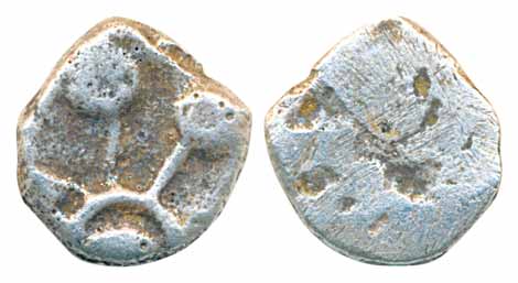 Punch-marked coin, Kuntala Janapada Silver ¼ Unit, 0.72g, Obv: Archaic Pulley type symbol.