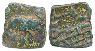 City state ‘Bhadravati’, Copper, 1.04g, Obv: Tree in railing and legend ‘Bhadavati’ runnin