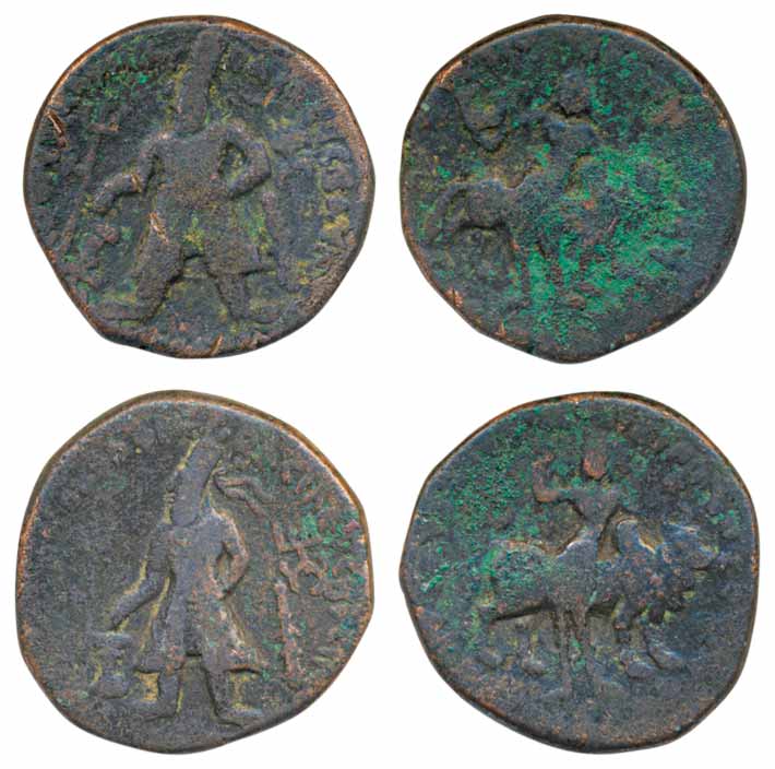 Kushan, Vima Kadphises, Copper Unit, Shiva-Nandi bilingual type, Obv: Bearded stocky figur
