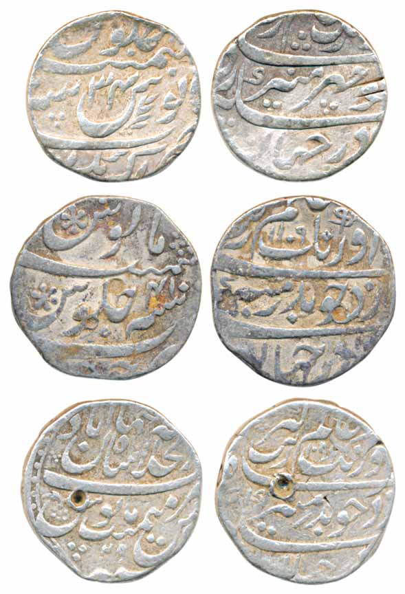 Aurangzeb, Silver Rupees (3), Akbarnagar Mint, RY 34 (KM# 300.7), Shahjahanabad Mint, AH 1