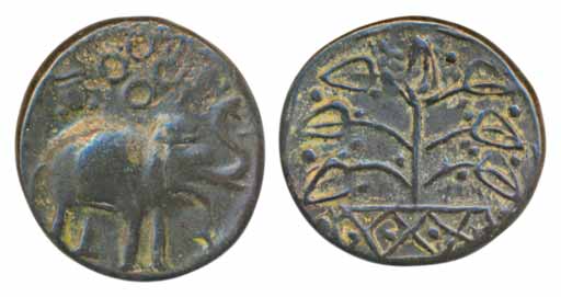 Satavahanas, Kausikiputra Satakarni, Copper Unit, 5.73g, Obv: elephant with upraised trunk