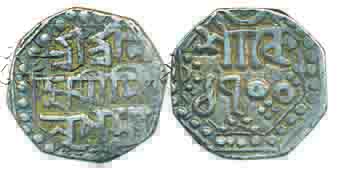 Lakshmi Simha, Silver ¼ Rupee, 2.78g, Bengali inscription on both sides, SE 1700 (KM# 176)