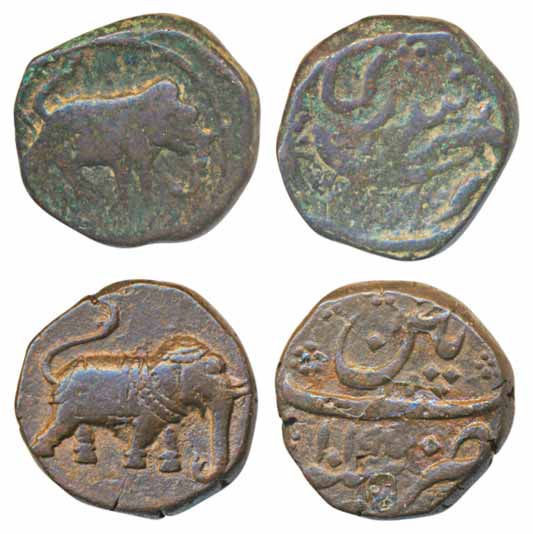 Haider ali, Copper Paisa (2), Balhari, (KM# 2) & Patan Mint, AH 1195 (KM# 5.1). Very fine,