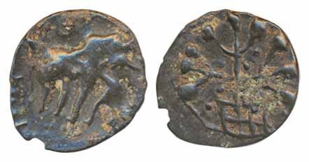 Satavahana, Lead unit, 2.00g, Newasa series, Obv elephant with upraised trunk and Man with