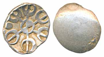 Punch Marked Coin, Gandhara Janapada, Silver Shana, 1.42g, single six armed symbol on obv.