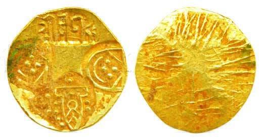 Paramaras of Vidarbha, Jagdeva, Gold Uniface, 3.69g, Obv: punches of a temple showing a hu