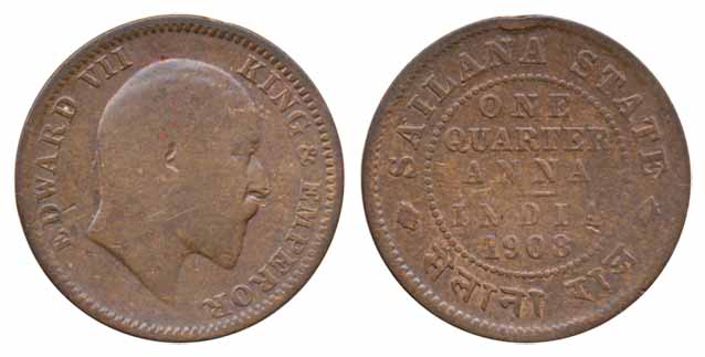 Jaswant Singh, Copper ¼ Anna, 1908, Bust of King Edward VII right (KM# 15). Very fine, sca