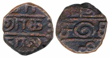 Karikal, Copper Doudou, 3.68g,Obv: “Karikal” in tamil script Rev: “Pudatcheri” in tamil sc
