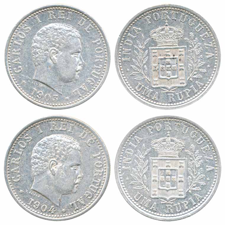 Carlos, Silver Rupee (2), 1903 & 1904 (KM# 17). Very fine, scarce.