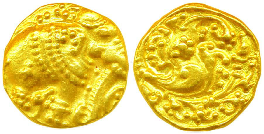 Western Gangas, Gold Gajapati Pagoda, 3.74g, obv. caparisoned elephant to right Rev: Scrol