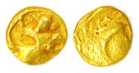 Shilaharas issues, Wai - Karad, Gold Fanam, 0.37g, Obv: Garuda running right holding serpe