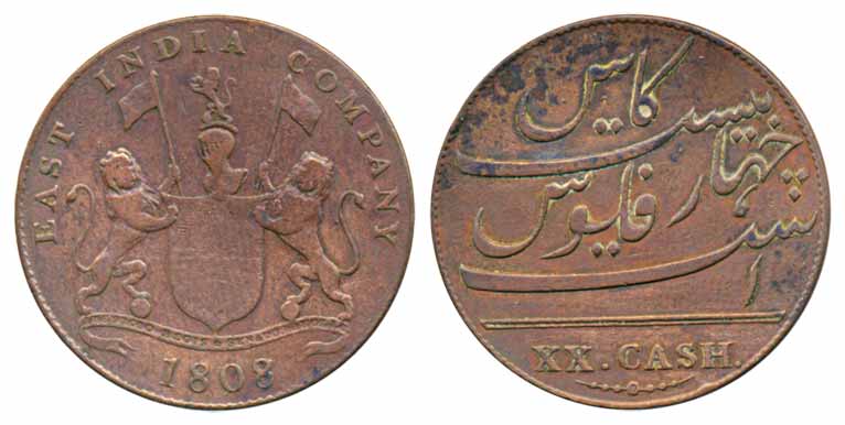 20 Cash Copper, Obv: Coat of arms of the EIC and date 1808, Rev: Value in English (KM# 321