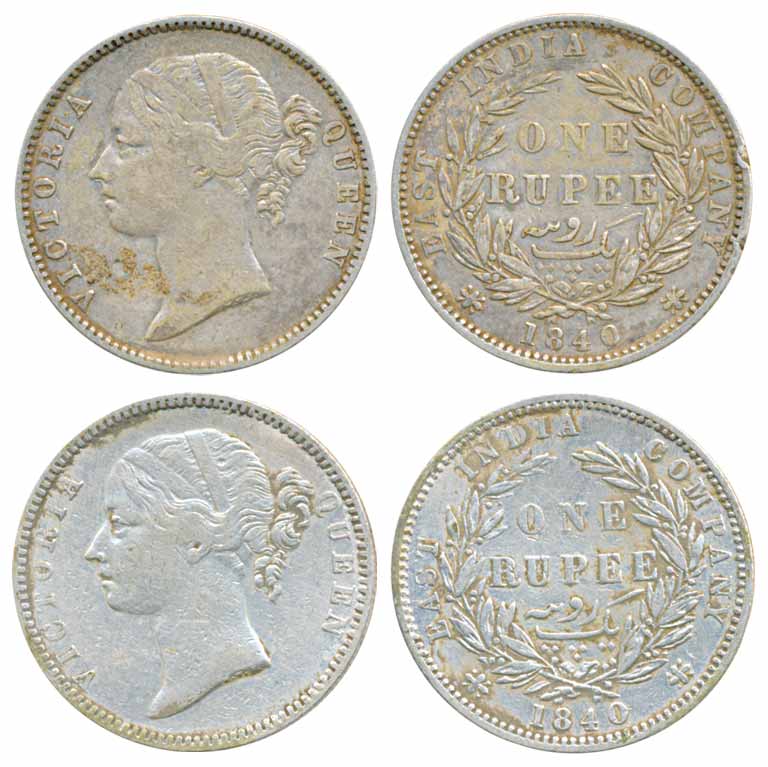 Victoria Queen, Silver Rupee (2), 1840, Divided legend, Madras mint, W.W.B. raised, Dot af