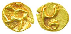 Shilaharas issues, Wai - Karad, Gold Fanam, 0.34g, Obv: Garuda running right holding serpe