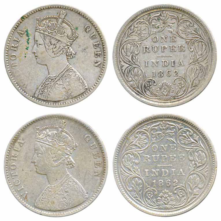 Victoria Queen, Silver Rupee (2), 1862, Calcutta mint, A/II/0/0; and A/II/0/0. About very 