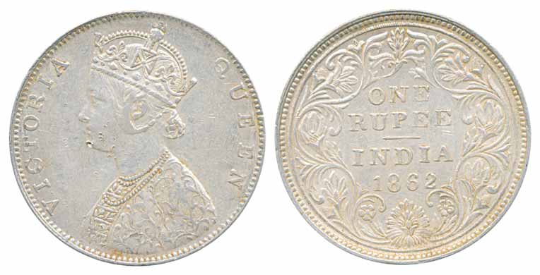Victoria Queen, Silver Rupee, 1862, 5 Panel. Very fine, scarce.