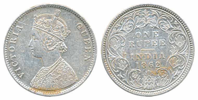 Victoria Queen, Silver Rupee, 1862, A/I/0/0. Extremely fine, scarce.