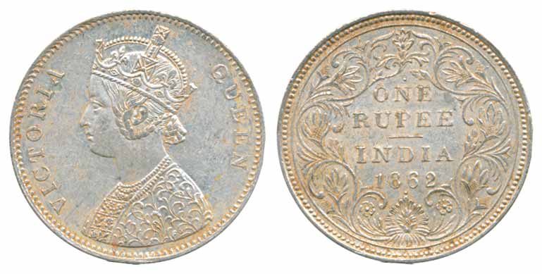 Victoria Queen, Silver Rupee, 1862, A/II/1/1. Extremely fine, scarce.