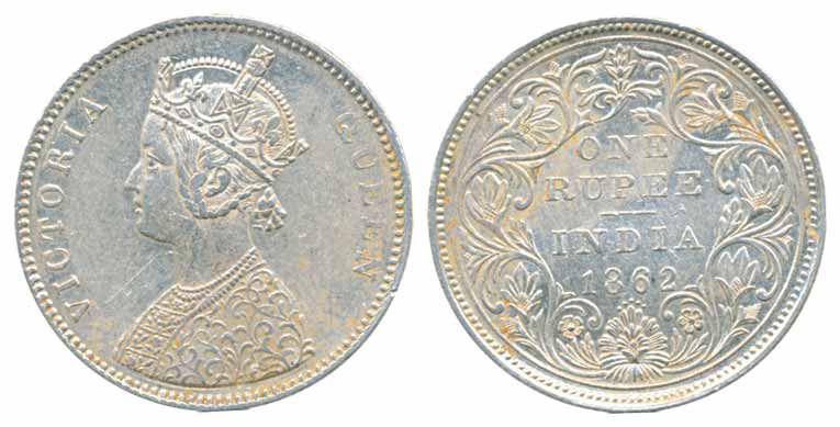 Victoria Queen, Silver Rupee, 1862, A/II/0/5. Extremely fine, scarce.