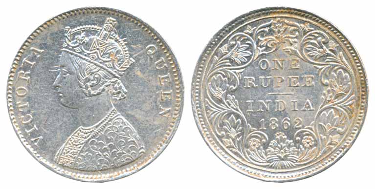 Victoria Queen, Silver Rupee, 1862, A/II/0/4. Extremely fine, scarce.