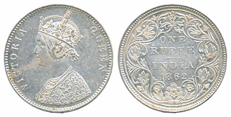 Victoria Queen, Silver Rupee, 1862, A/II/0/6. Extremely fine, scarce.,