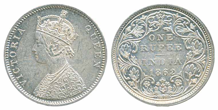 Victoria Queen, Silver Rupee, 1862, A/II/0/7. Extremely fine, scarce.