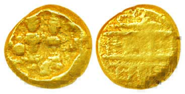Vijaynagar Empire, Devaraya I, Gold Varaha, 3.40 g, Obv: Shiva and Parvati Seated, Rev: 3 