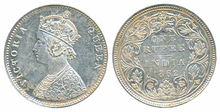 Victoria Queen, Silver Rupee, 1862, A/II/0/6. Extremely fine, scarce.