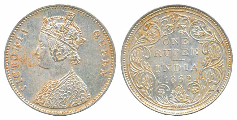 Victoria Queen, Silver Rupee, 1862, A/II/0/10. Extremely fine, scarce.