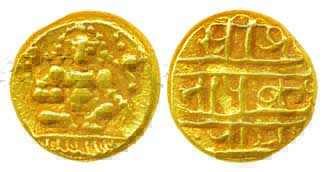 Vijayanagar, Krishnadevaraya, Gold 1/2 Varaha, 1.69g, Obv: Seated Balakrishna flanked by c